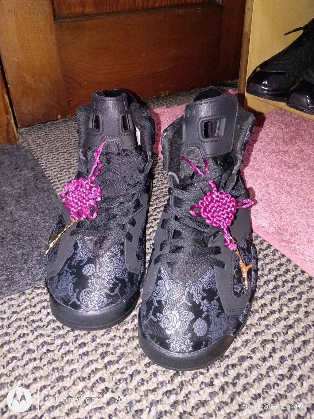 Men's Jordan 6s Black Brocade High-Top Sneakers with Purple Accent